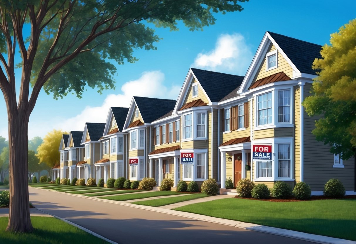 A row of houses with "For Sale" signs, surrounded by trees and a clear blue sky