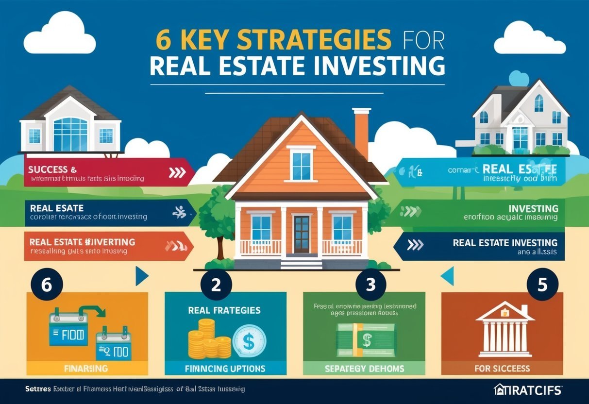 A colorful infographic displaying 6 key strategies for real estate investing, with various financing options and visual representations of success