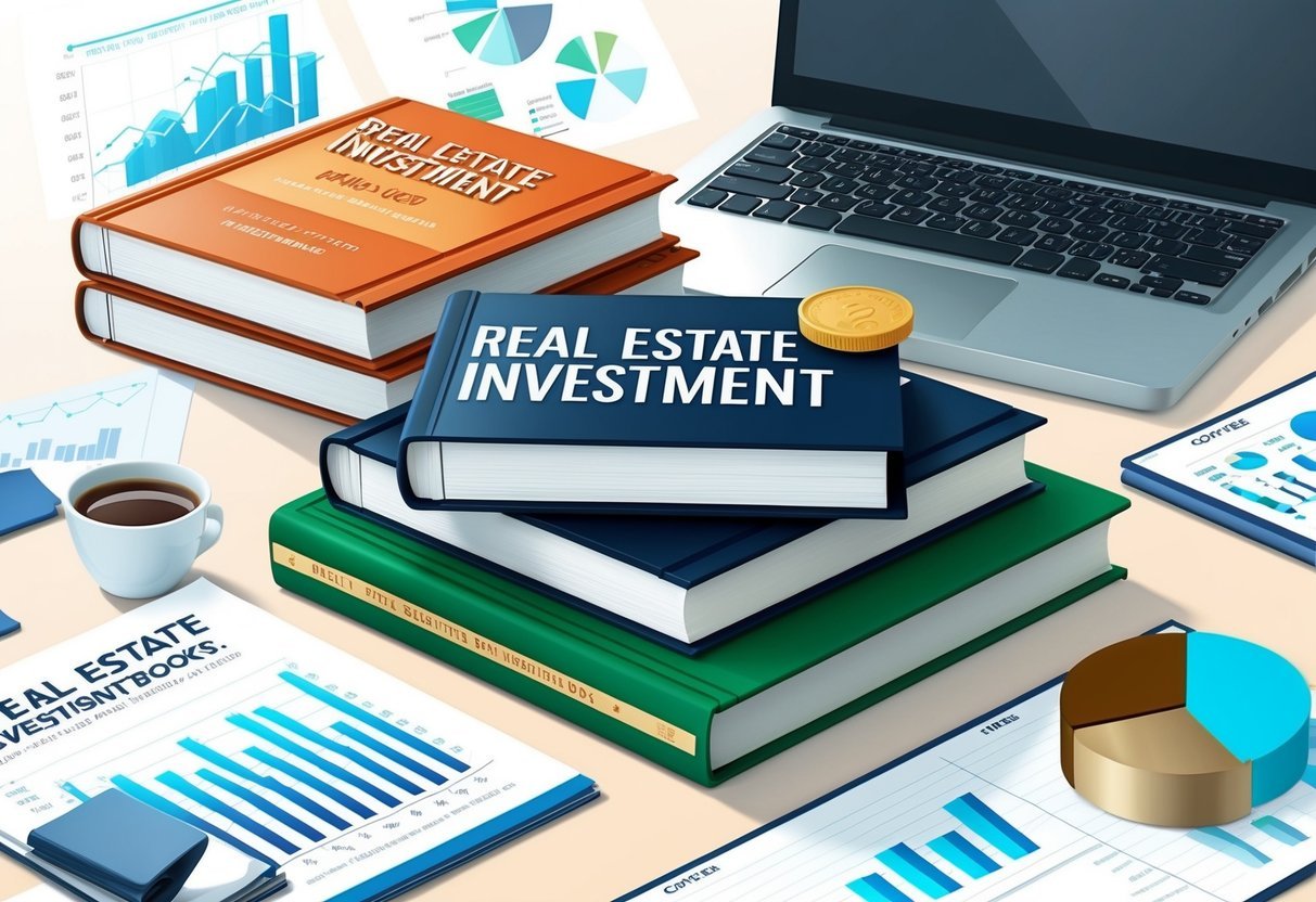 A stack of real estate investment books surrounded by charts, graphs, and a laptop.</p><p>A cup of coffee sits nearby