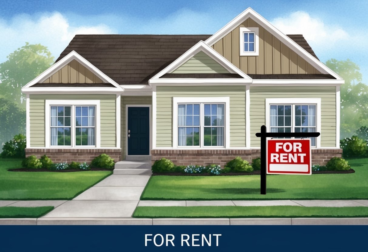 Illustration of a house for rent with a "For Rent" sign