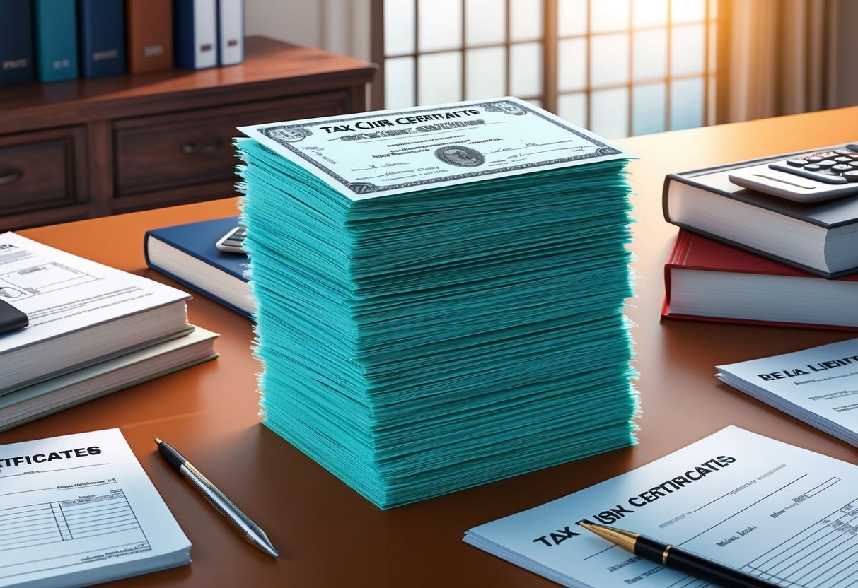 A stack of tax lien certificates on a desk, surrounded by real estate investment books and financial documents