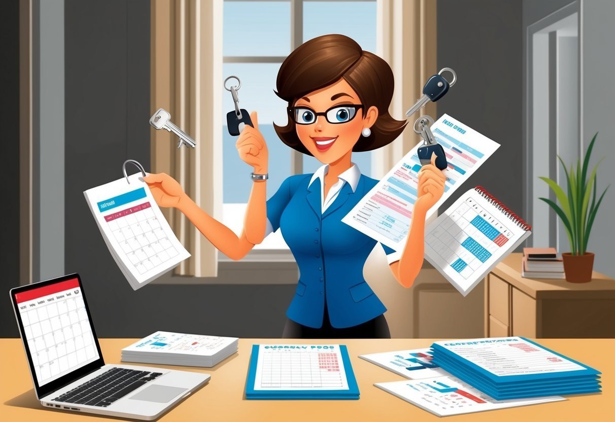 Cartoon woman holding keys, calendars, and documents at a desk with a laptop