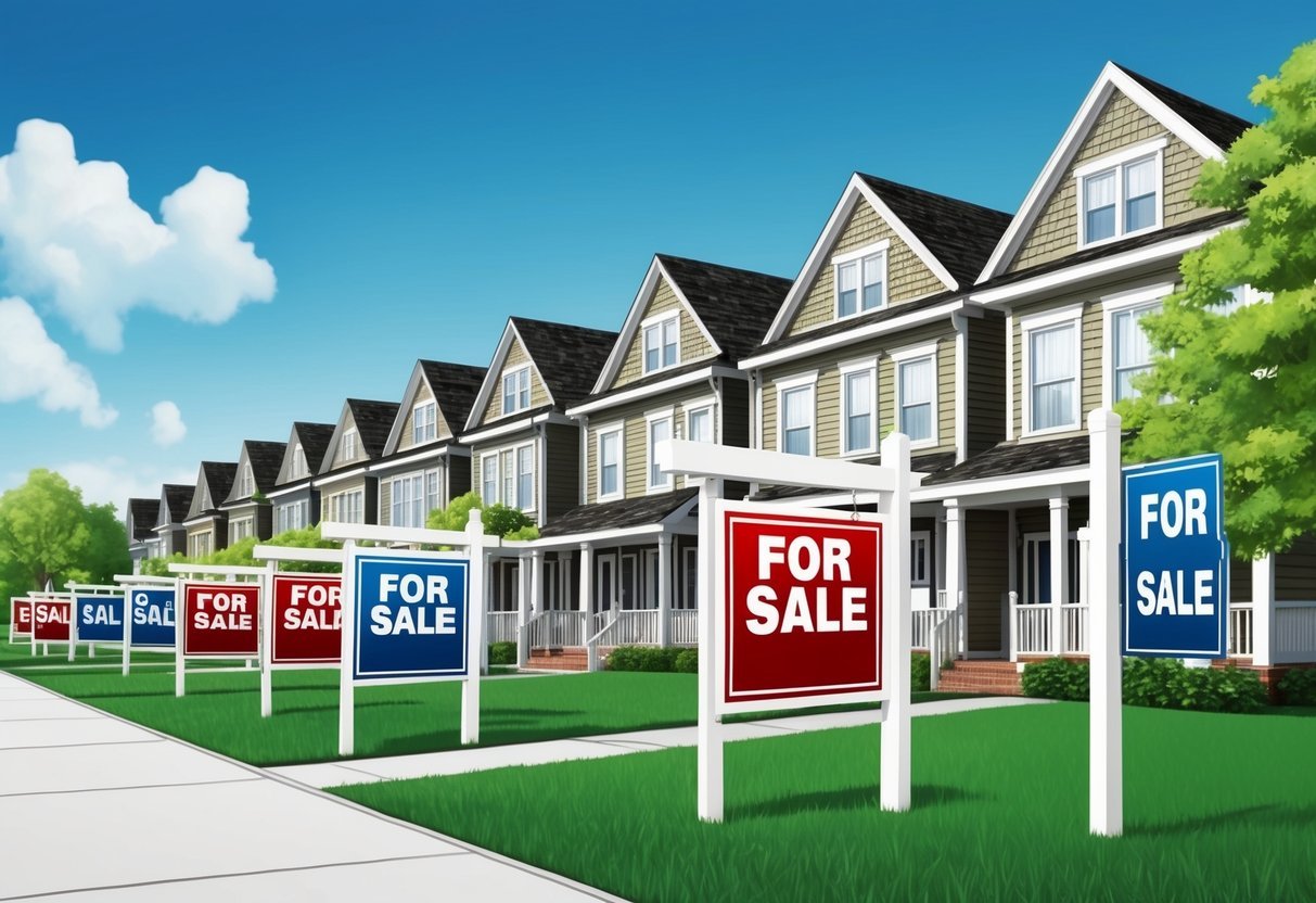 A row of houses with "For Sale" signs, surrounded by trees and a clear blue sky, representing real estate investment through tax liens