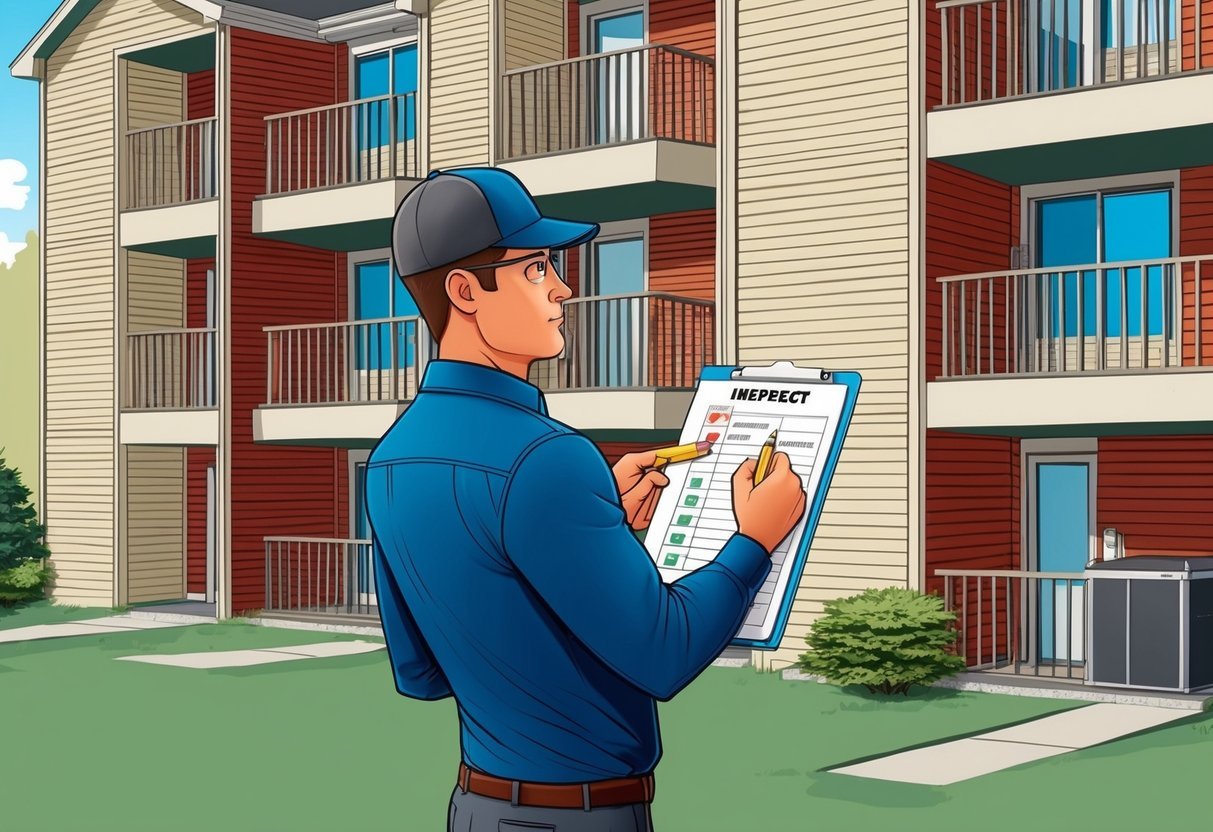 A property manager inspects multiple rental units, checking for maintenance issues and documenting findings