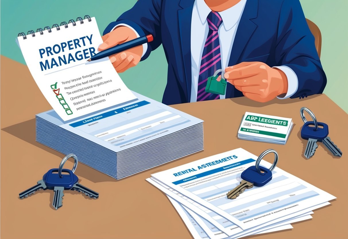 A property manager reviewing tenant applications with a checklist of requirements, a stack of rental agreements, and keys to multiple properties