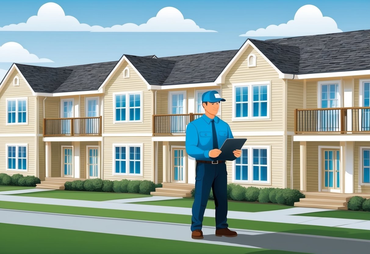 A property manager inspecting and maintaining multiple rental properties, checking for any signs of wear and tear, scheduling repairs, and keeping detailed records