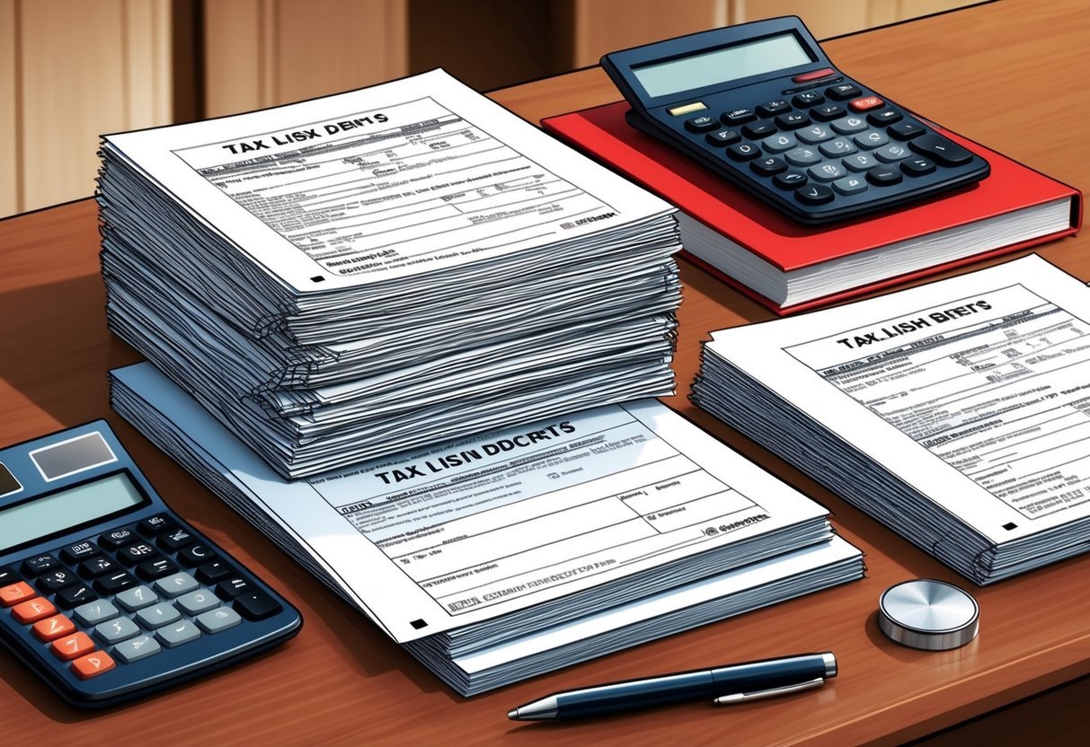 A stack of tax lien documents surrounded by real estate investment books and a calculator on a desk