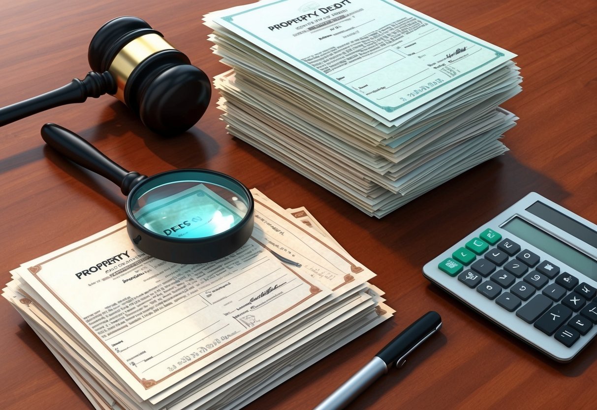 A stack of property deeds and a gavel on a wooden desk, with a magnifying glass and calculator nearby