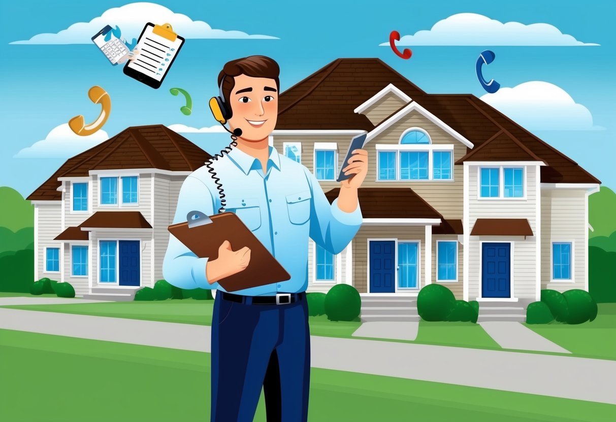 A property manager with a clipboard inspecting several rental properties, while juggling phone calls and emails