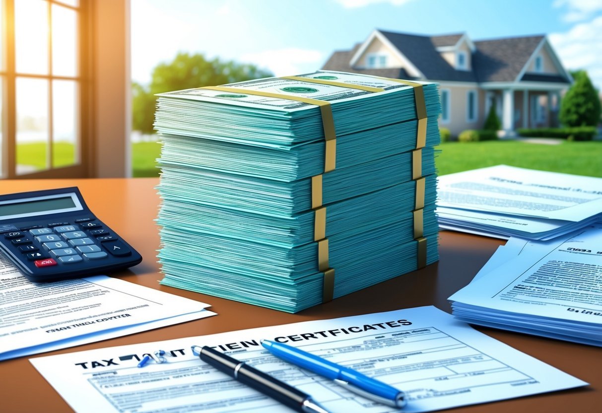 A stack of tax lien certificates on a desk, surrounded by legal documents and a calculator.</p><p>A real estate property is visible in the background