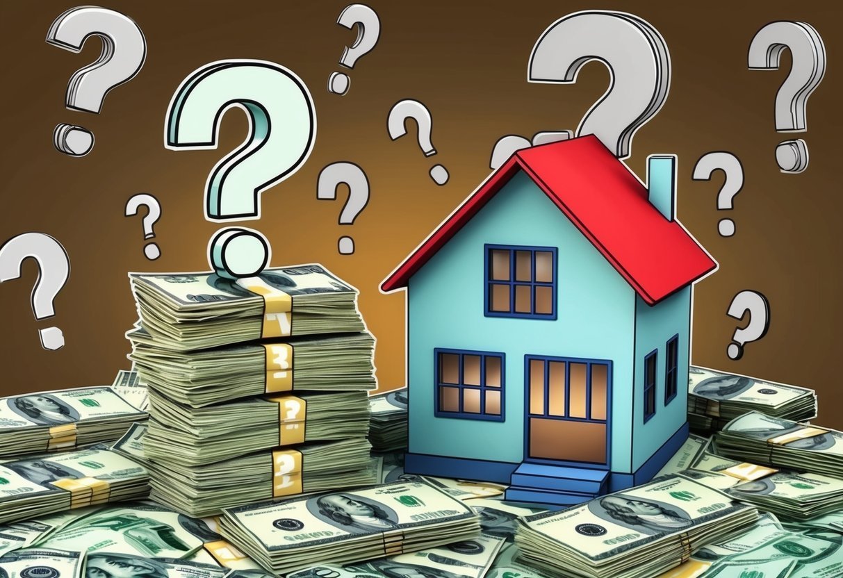 House, money, and question marks, representing real estate financial uncertainty