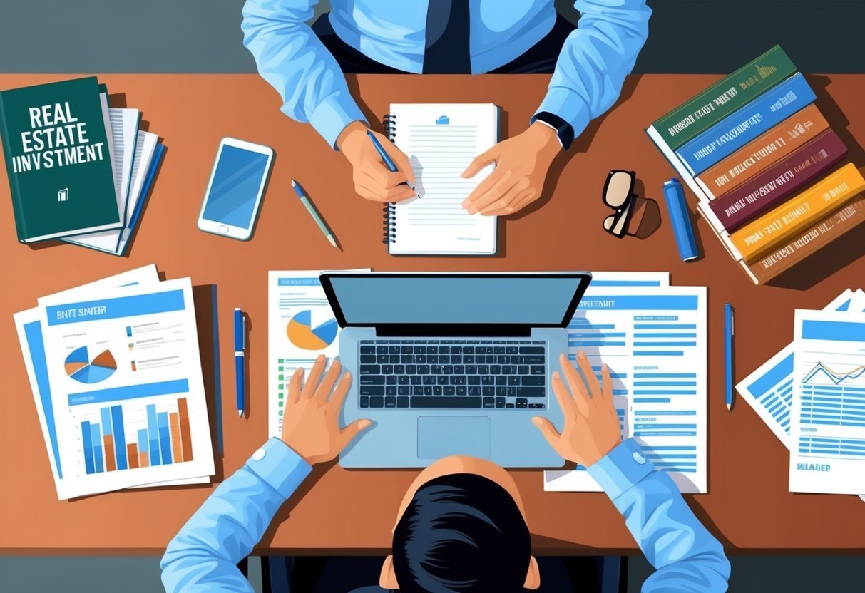 A person sitting at a desk with a notebook, pen, and laptop, surrounded by real estate investment books and documents