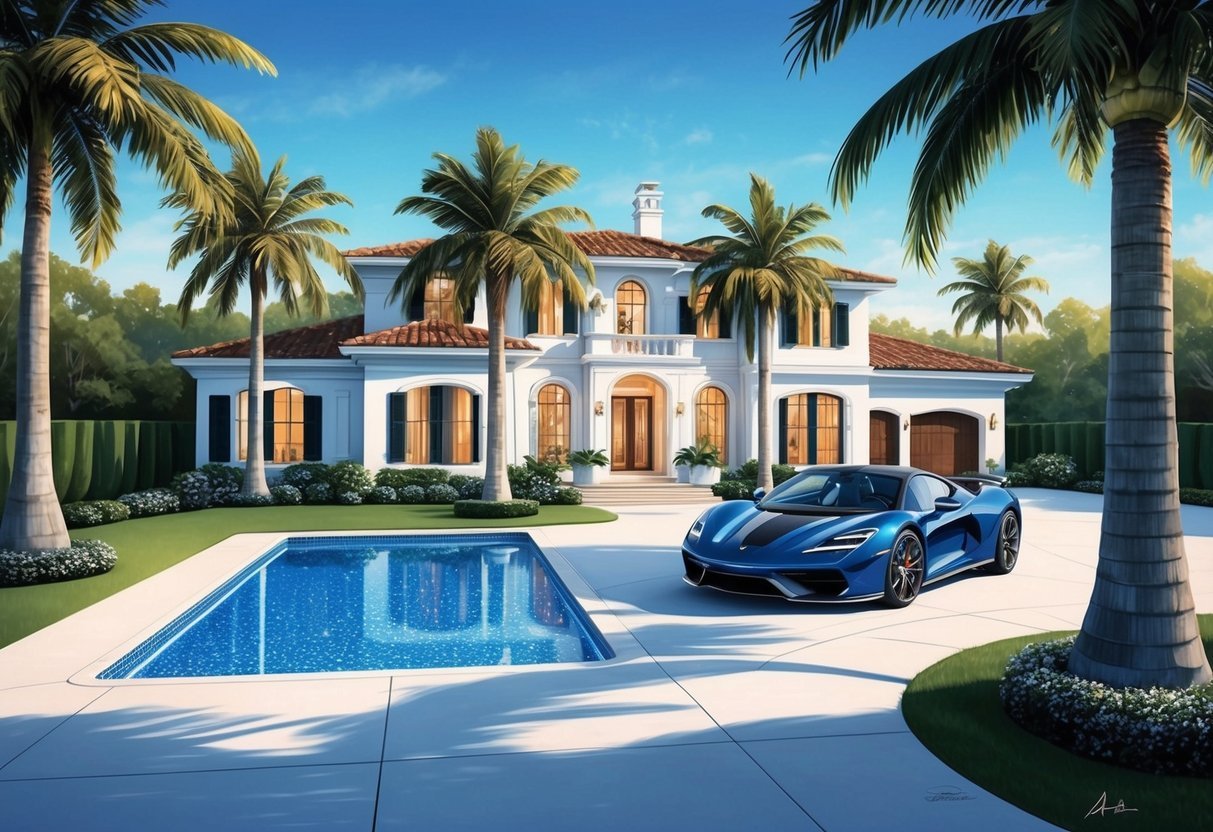 A luxurious mansion surrounded by palm trees and a sparkling pool, with a sleek sports car parked in the driveway