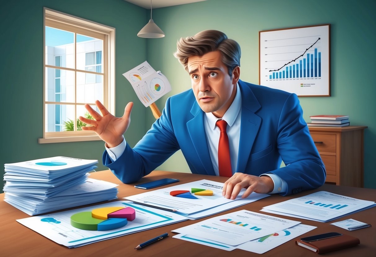 A real estate investor studying a property, surrounded by documents and charts, with a worried expression