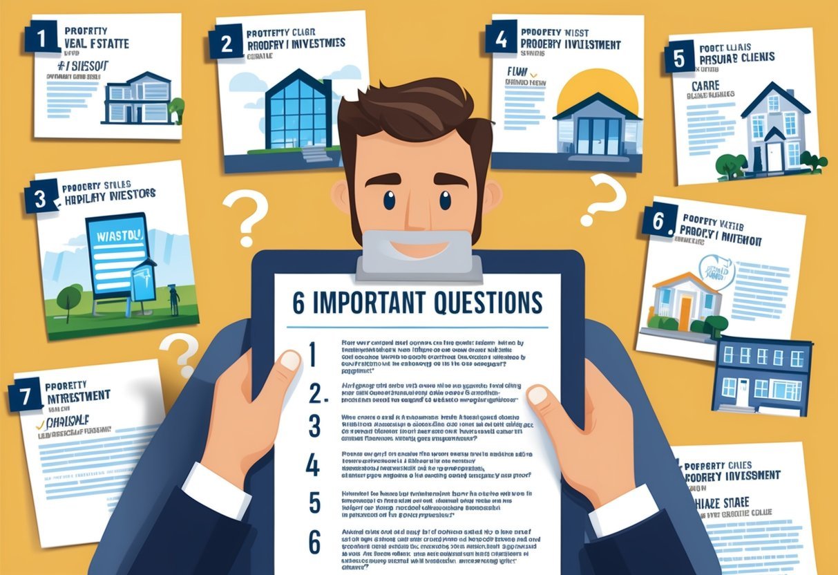 A real estate investor reviewing a list of six important questions, surrounded by various property investment references from previous clients