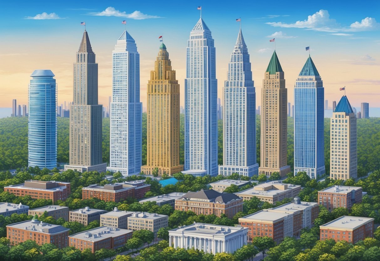 Illustration of a city skyline with tall buildings and American flags