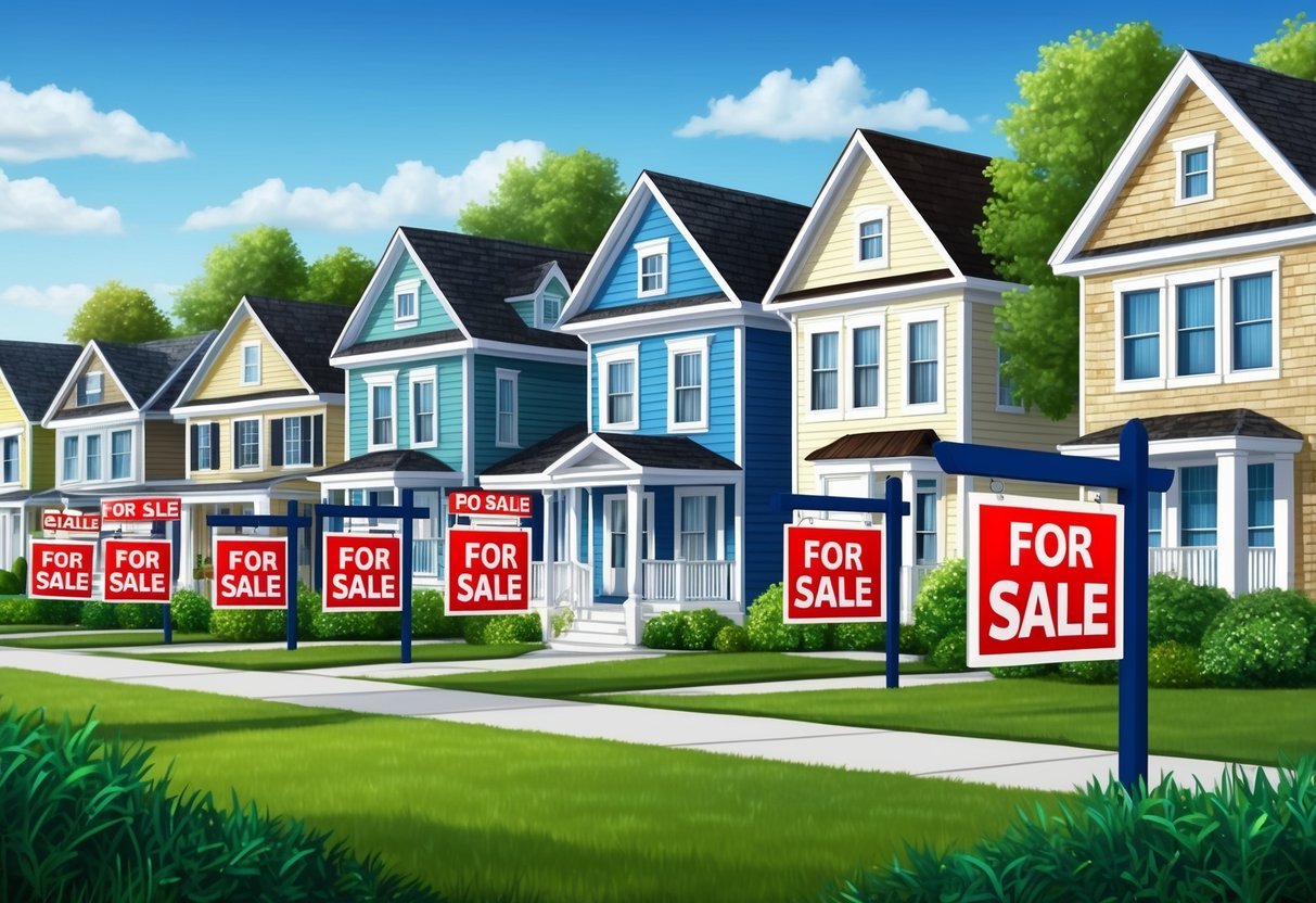 A row of diverse real estate properties with "For Sale" signs, surrounded by greenery and a clear blue sky, symbolizing the potential for profit in real estate investing