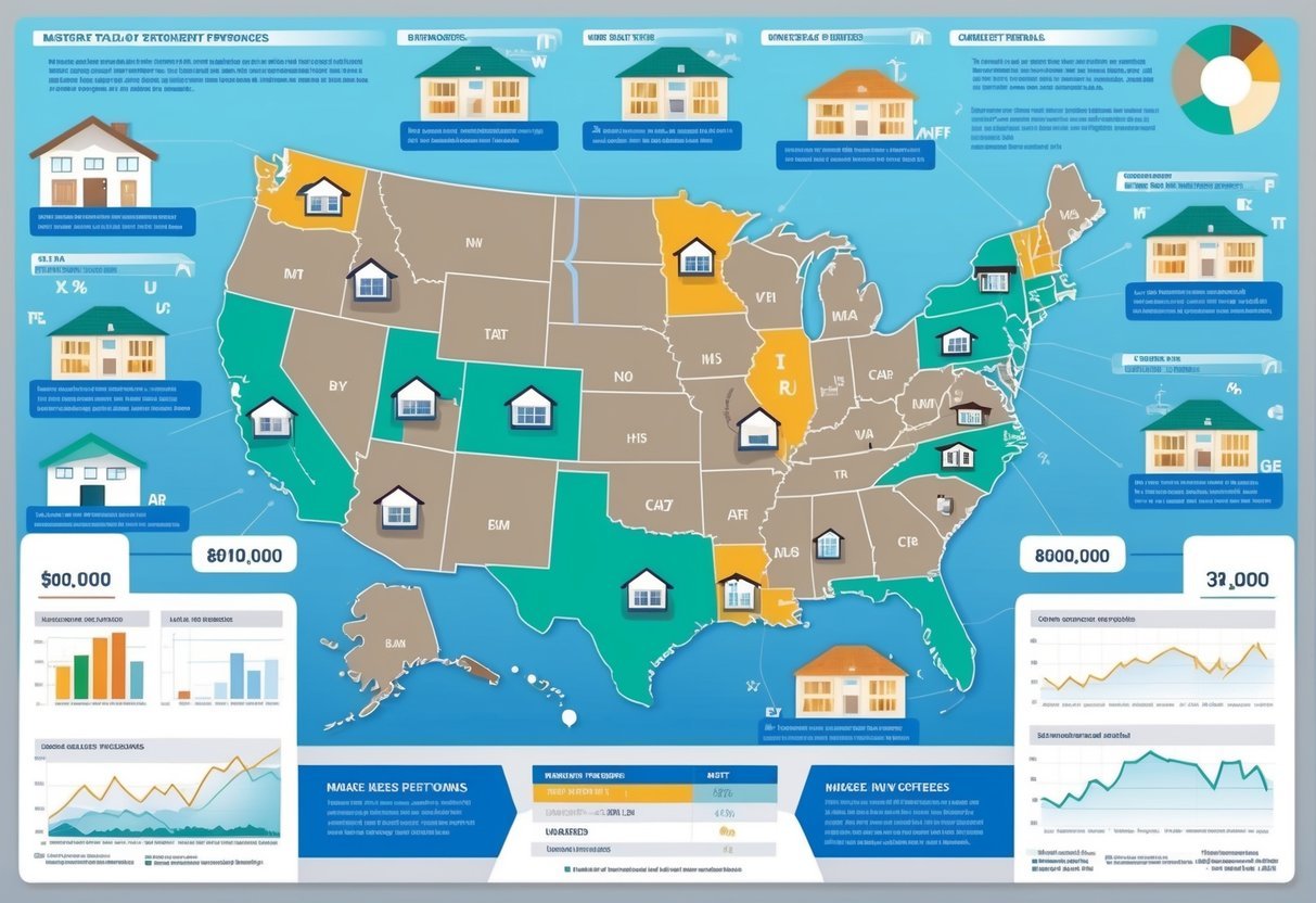 A map of the United States with various real estate properties marked in different states, surrounded by charts and graphs showing market trends and investment strategies