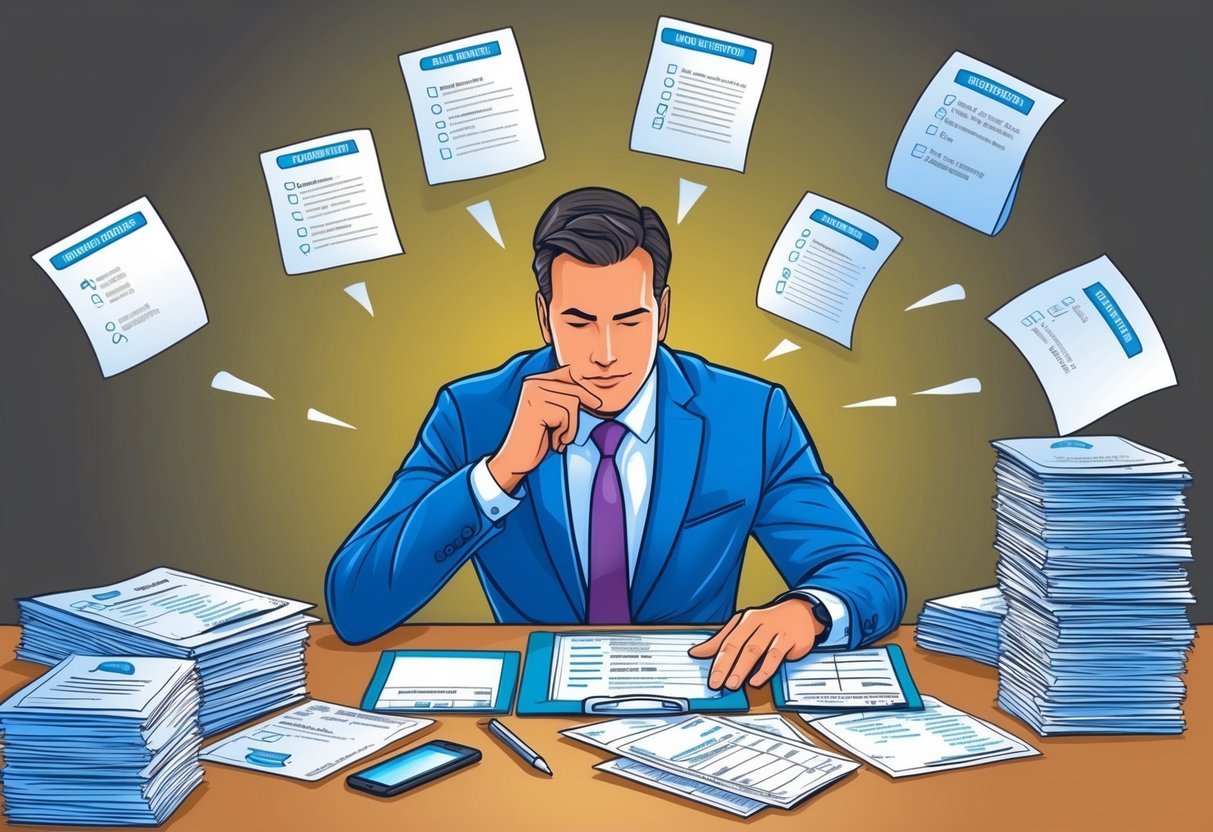 A new real estate investor sitting at a desk, surrounded by paperwork and financial documents.</p><p>They are deep in thought, pondering over six key questions about real estate investments