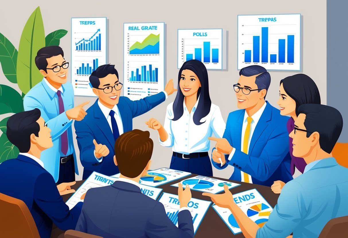 A group of people discussing real estate trends, surrounded by charts and graphs.</p><p>Some are pointing and gesturing animatedly, while others listen intently