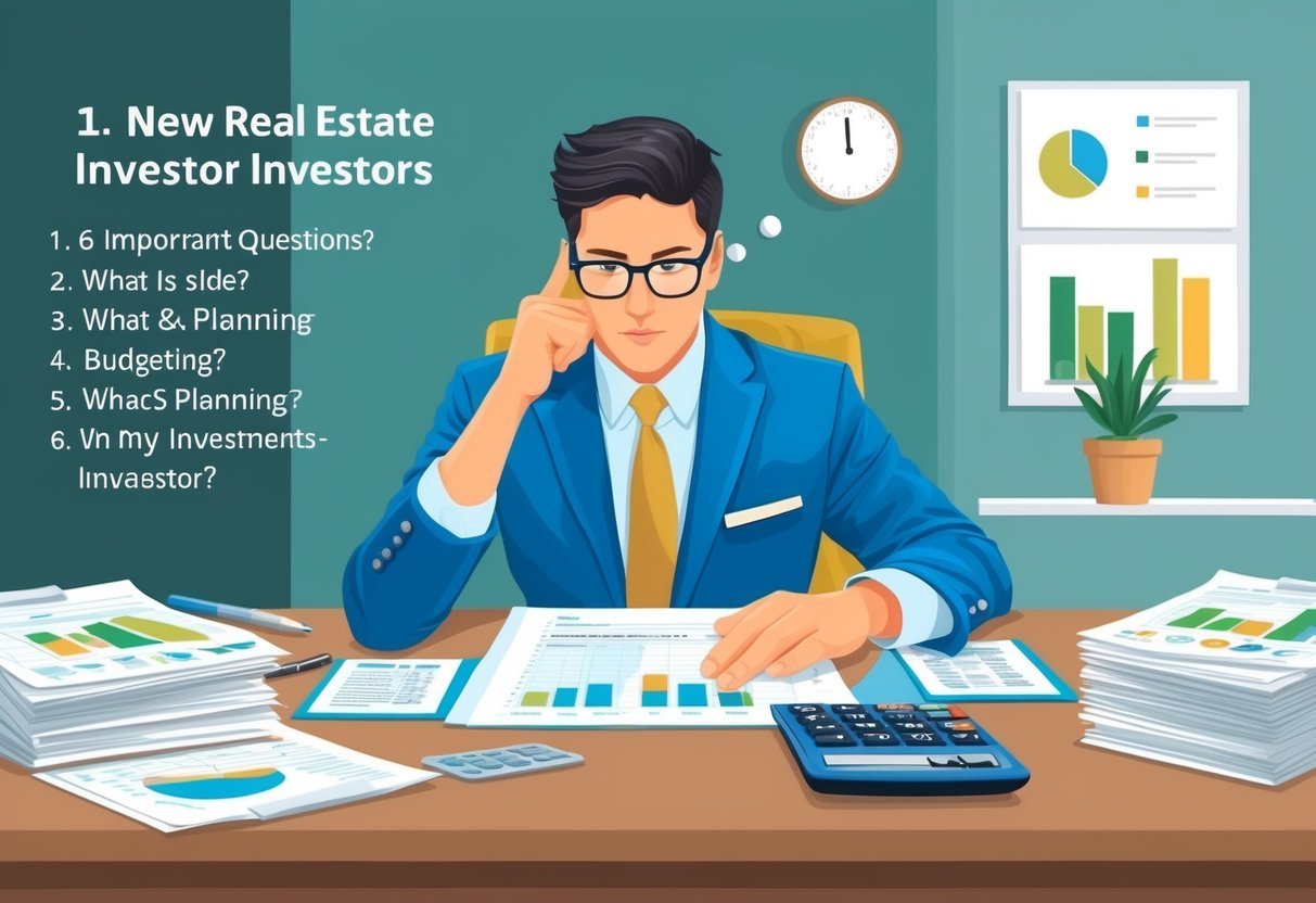 A new real estate investor sits at a desk, surrounded by papers, spreadsheets, and a calculator.</p><p>They are deep in thought, contemplating six important questions related to financial planning and budgeting for their investments