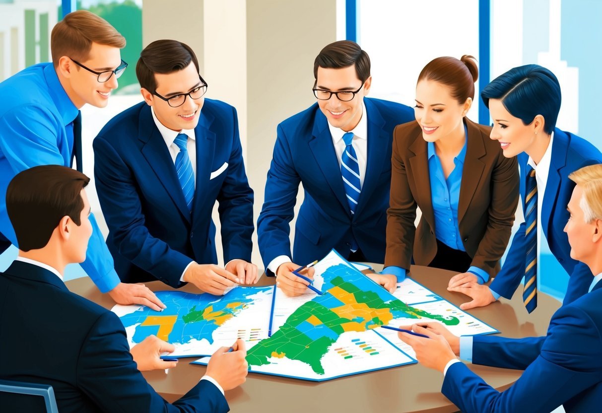 A group of people gather around a table, looking at maps and charts of different states.</p><p>They are discussing investment strategies for multi-state real estate markets