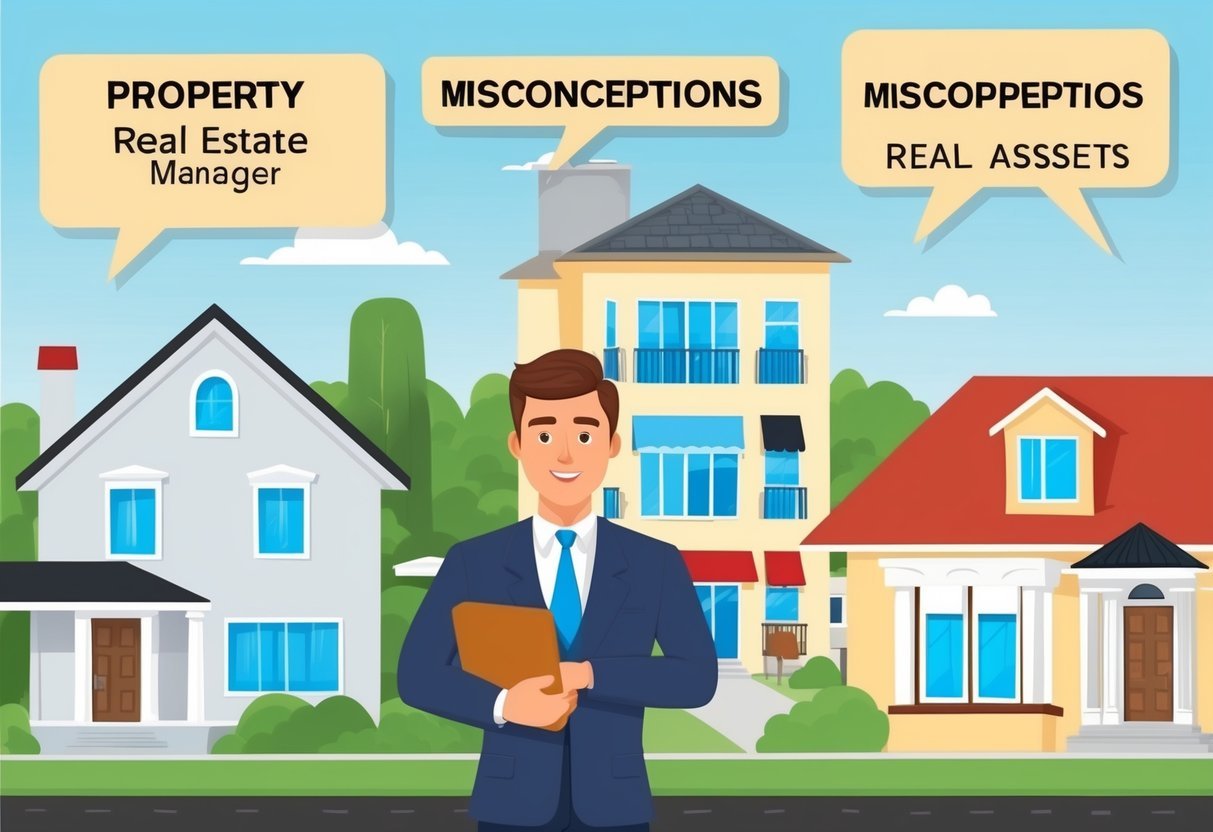 A property manager overseeing various real estate assets with misconceptions listed in speech bubbles above each property