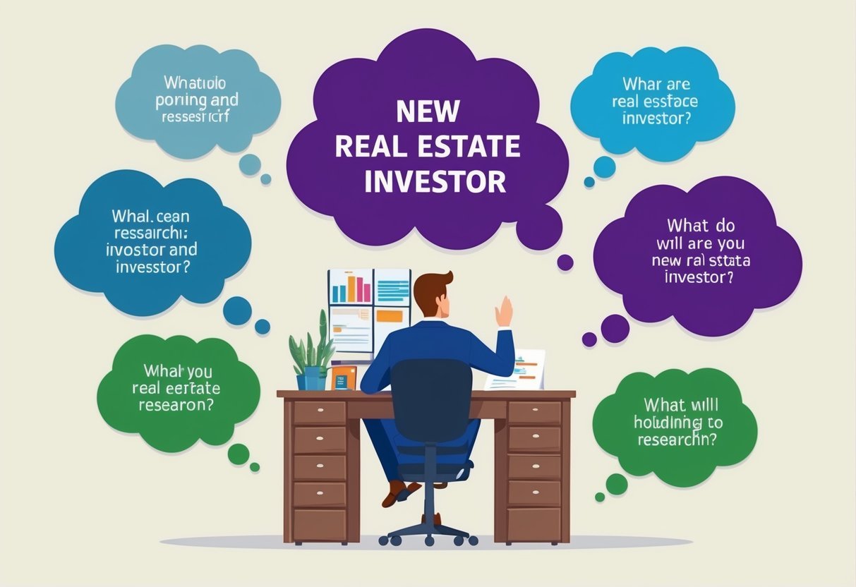 A new real estate investor at a desk, surrounded by six thought bubbles with questions inside, pondering and researching