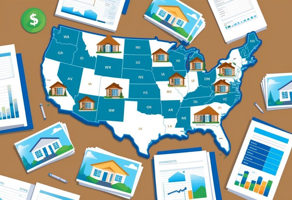 A map of the United States with various real estate properties highlighted in different states, surrounded by financial documents and investment strategies