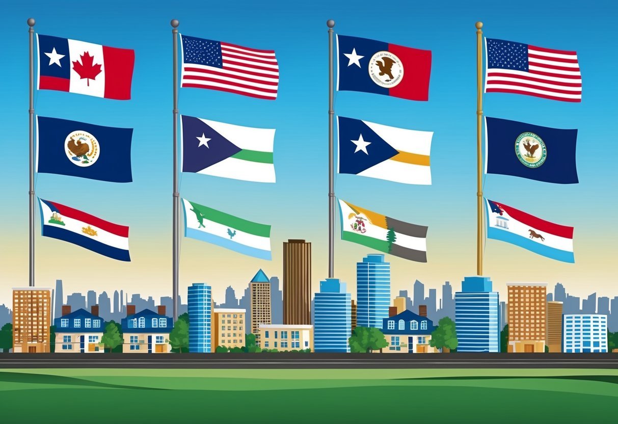 A skyline with multiple state flags flying above various real estate properties, each showing different levels of performance