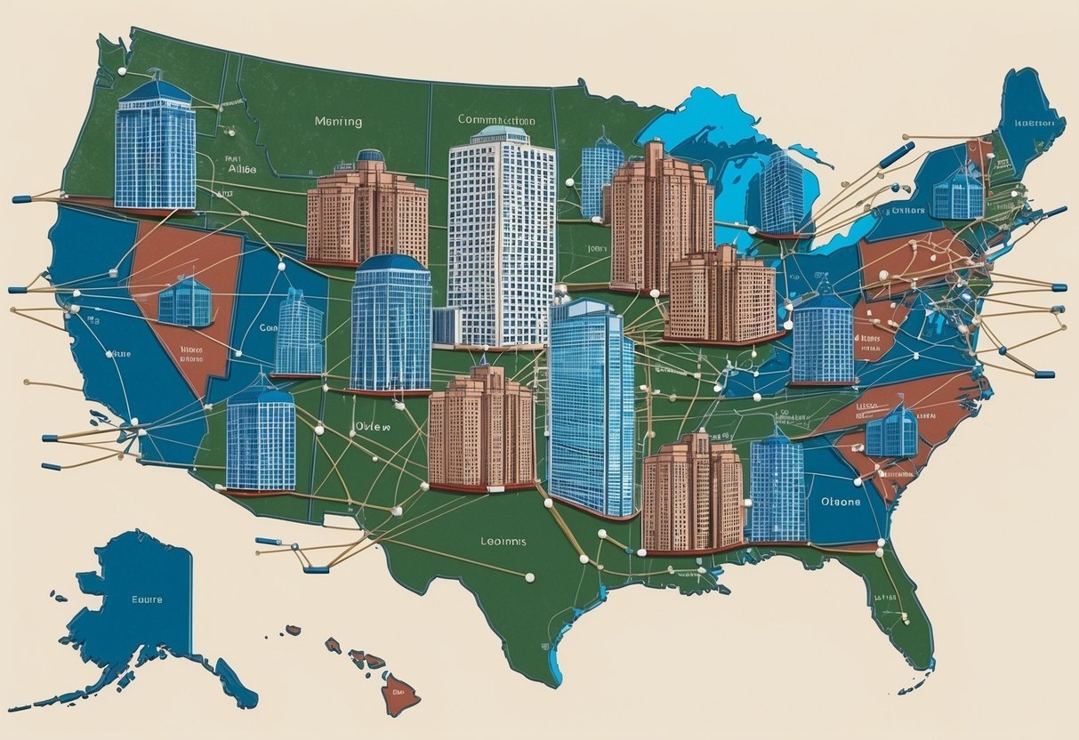 A group of interconnected buildings spanning across multiple states, with communication lines linking them together