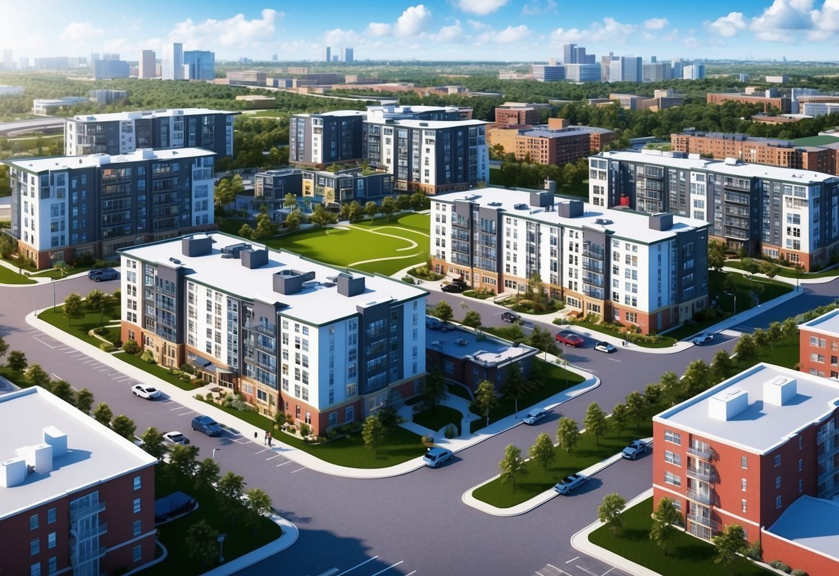 Aerial view of modern apartment complex with green spaces and city skyline