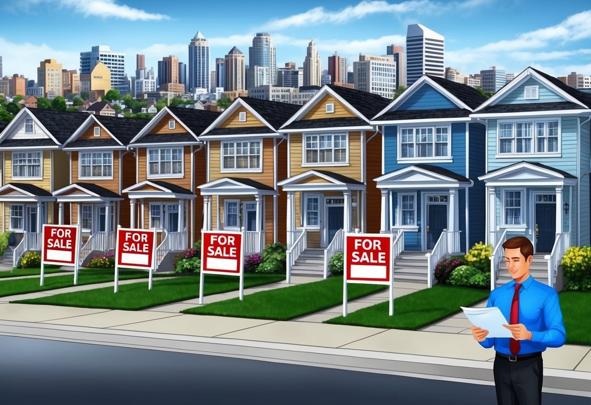 A row of houses with "For Sale" signs, a bustling city in the background, and a real estate investor reviewing paperwork