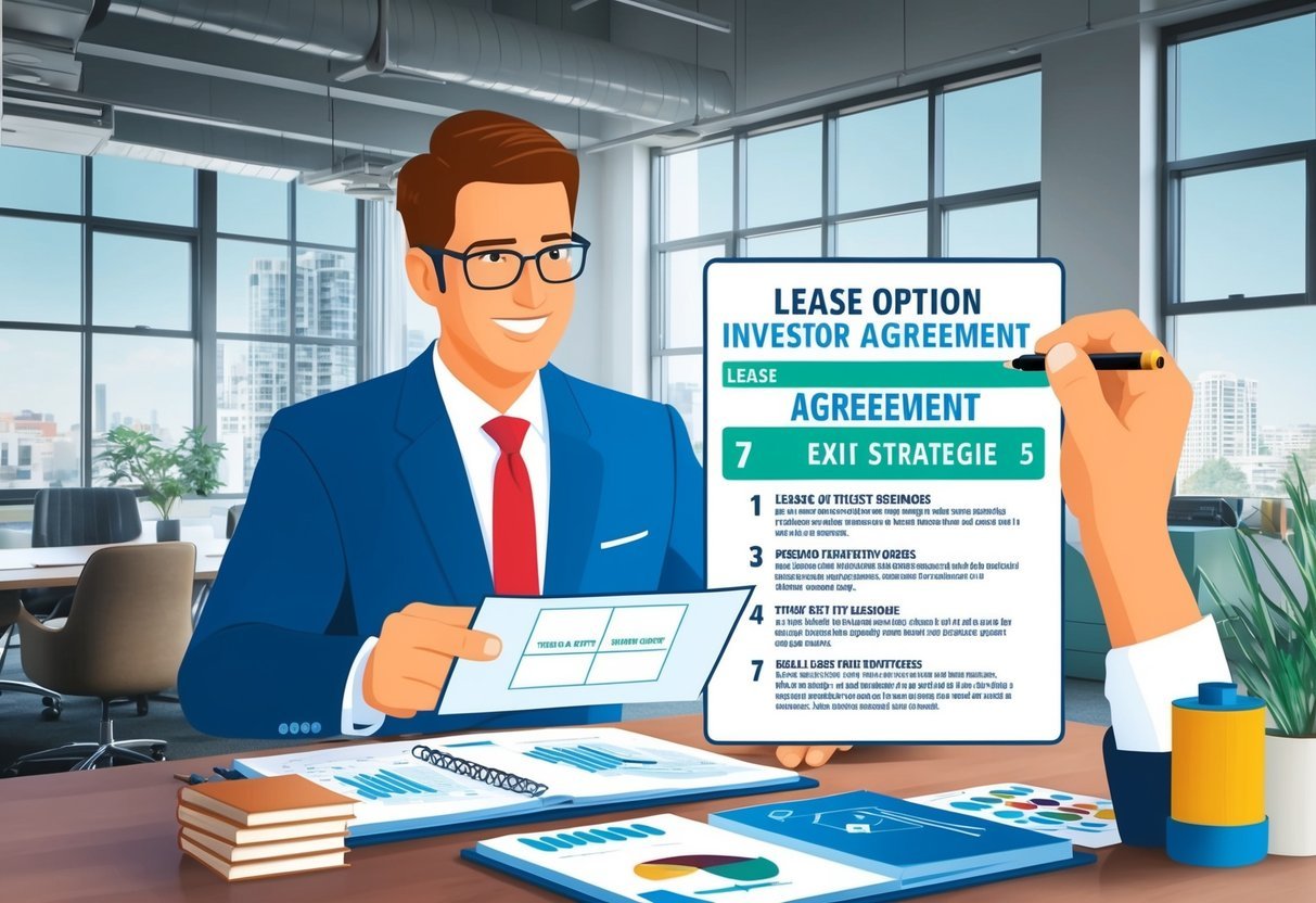 A real estate investor reviewing a lease option agreement with seven exit strategies in a modern office setting