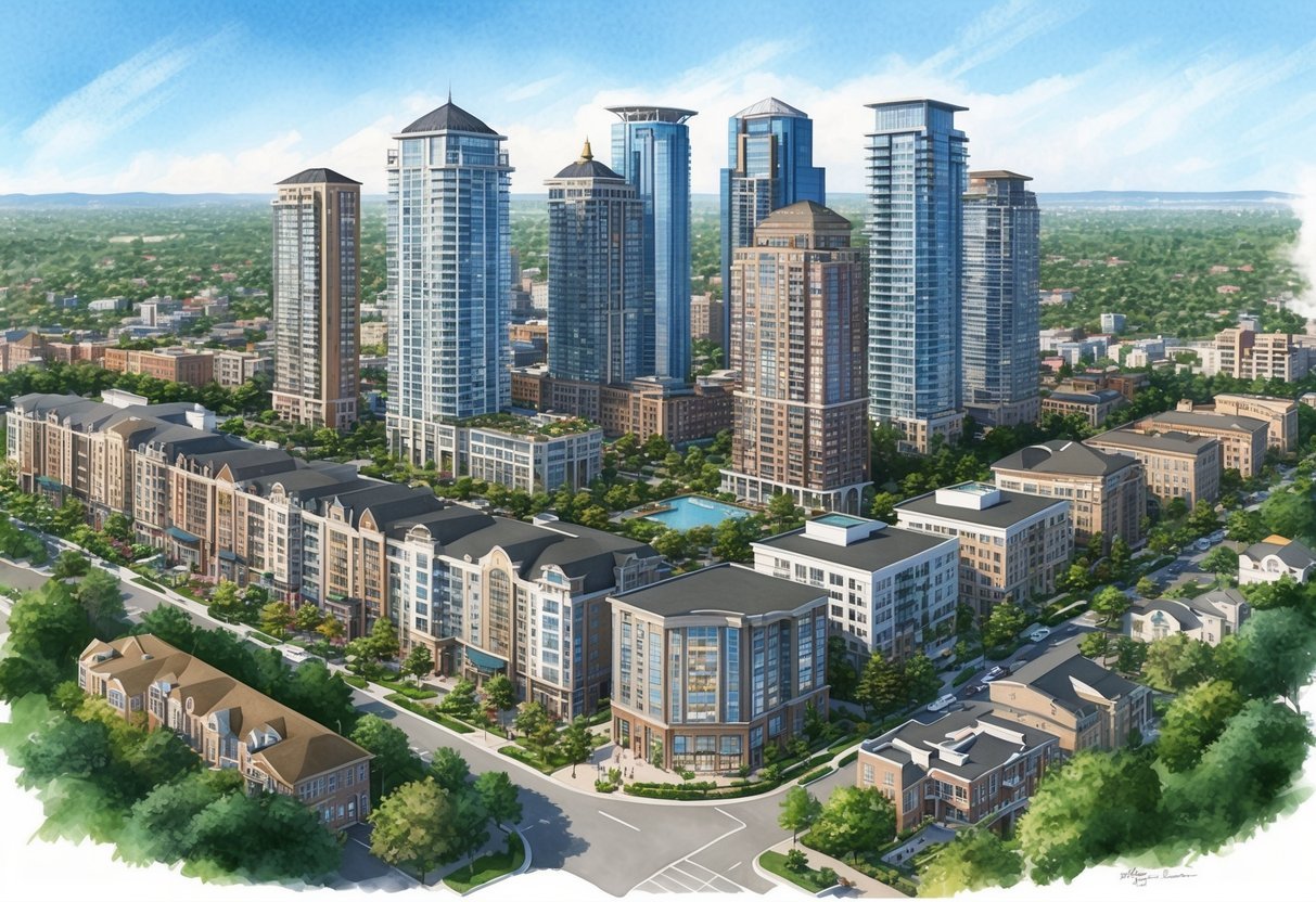 A bustling city skyline with a mix of high-rise apartment buildings and townhouses surrounded by lush greenery and a diverse array of amenities