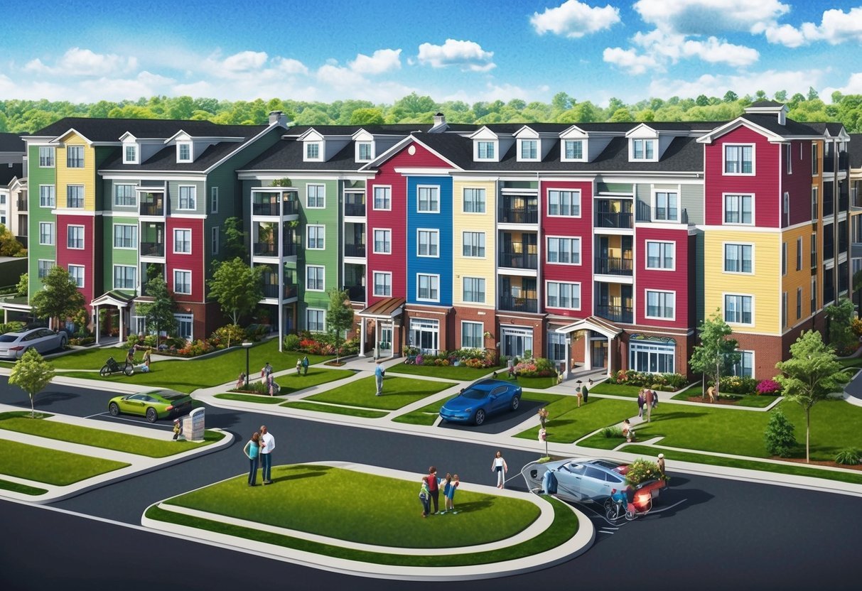 A vibrant, bustling neighborhood with multiple apartment buildings, green spaces, and communal amenities.</p><p>Families and individuals are seen enjoying the convenience and sense of community that multifamily properties offer