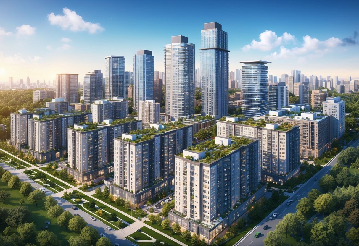 A bustling city skyline with multiple apartment buildings, surrounded by greenery and modern amenities