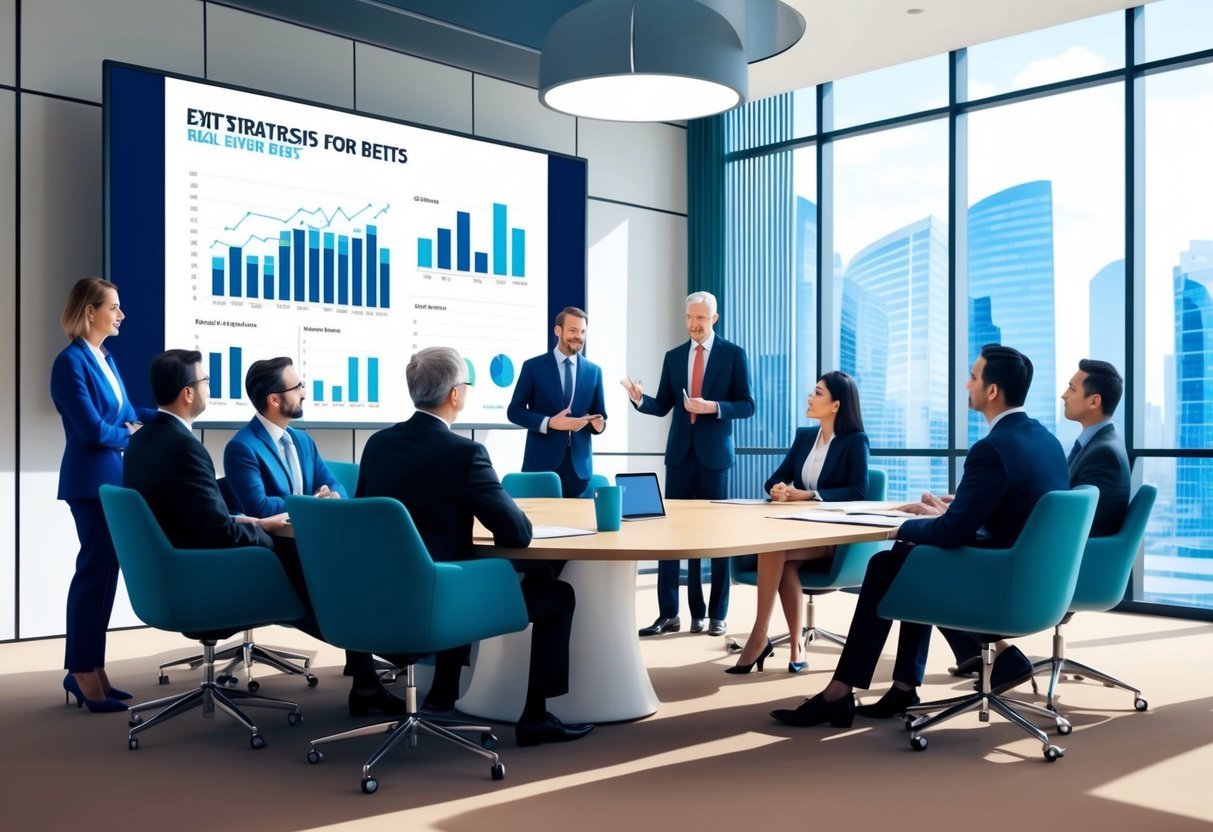 A group of investors discussing exit strategies for real estate REITs in a modern office boardroom with charts and graphs displayed on a large screen