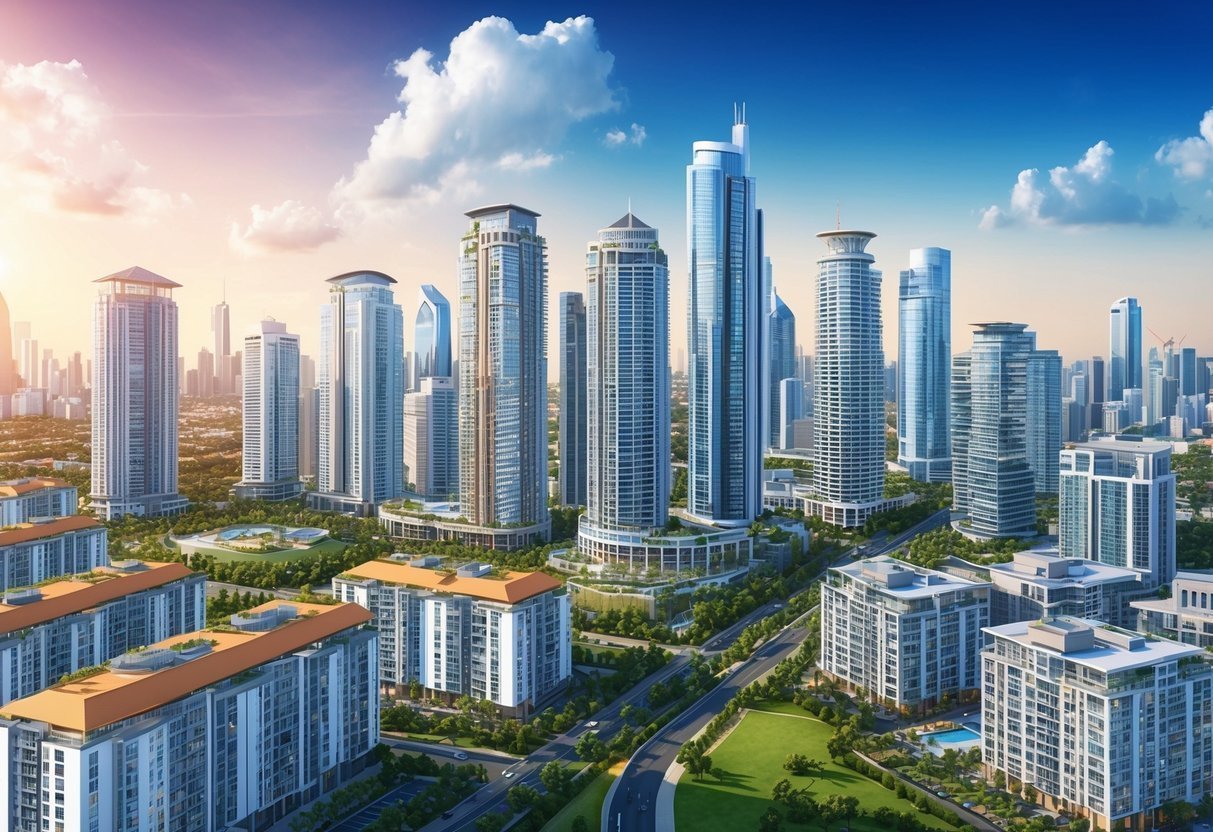 Cityscape with modern skyscrapers, residential buildings, and green spaces under a blue sky