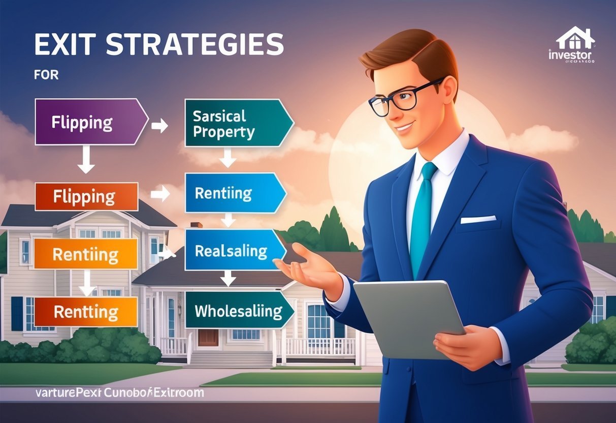 An investor reviewing various exit strategies for real estate, including flipping, renting, and wholesaling properties