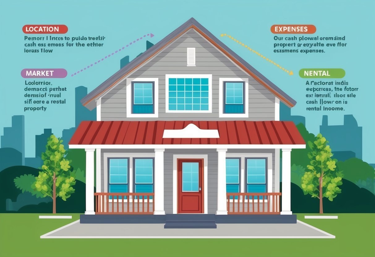 Illustration of a house with financial terms like location, expenses, market, and rental