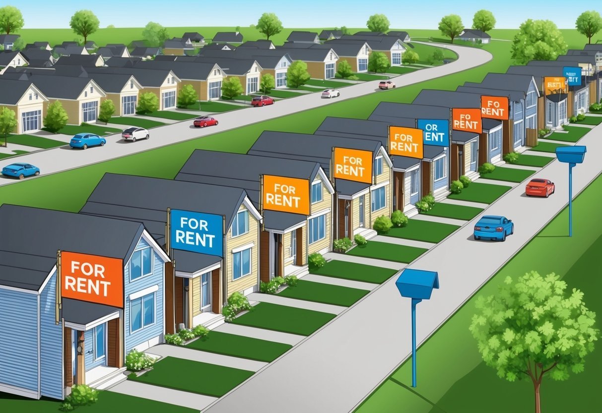 A suburban neighborhood with rows of rental properties, each with a "For Rent" sign and varying factors such as size, condition, and amenities influencing their potential cash flow