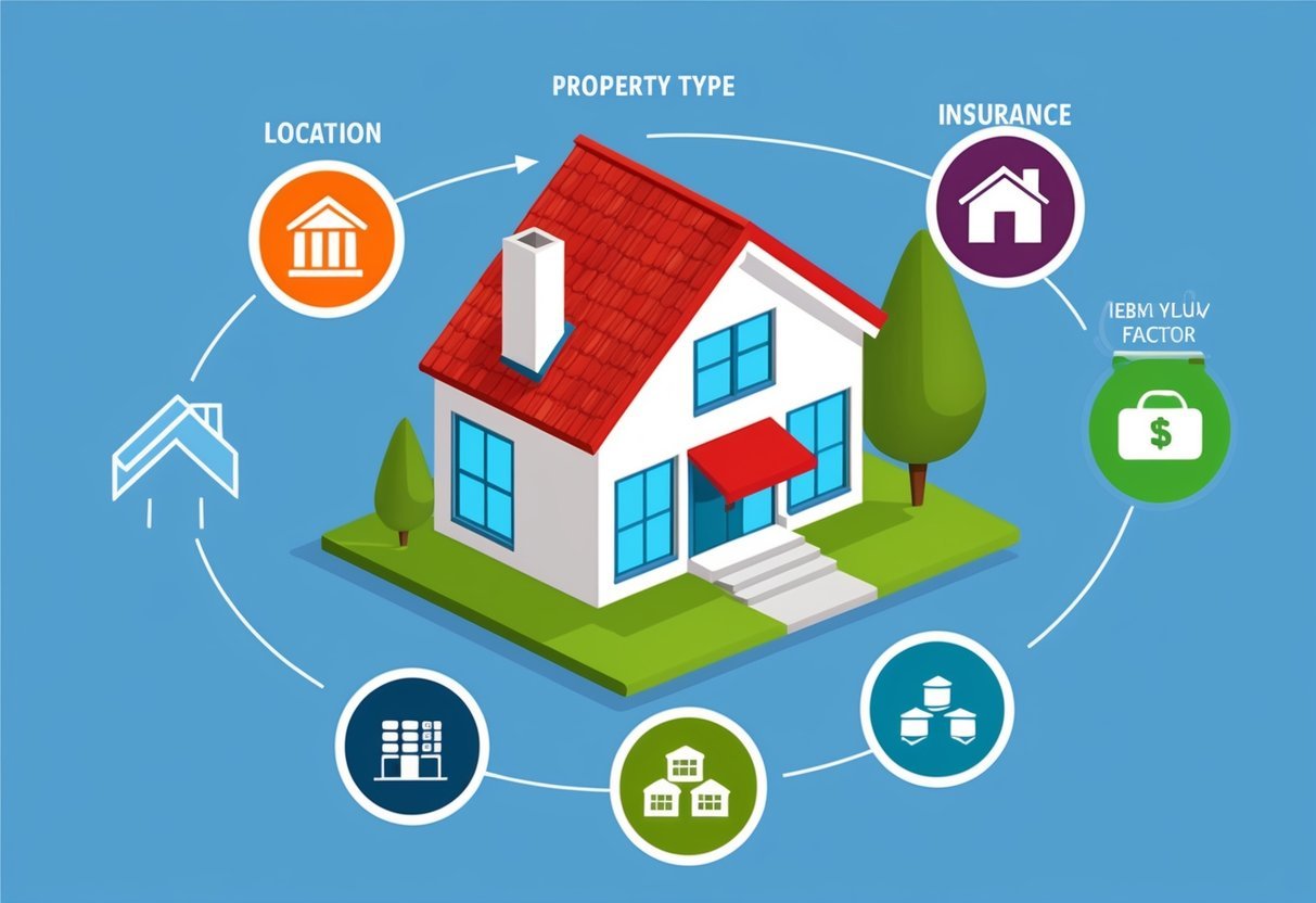 A rental property surrounded by icons representing factors such as location, property type, and insurance, all influencing cash flow