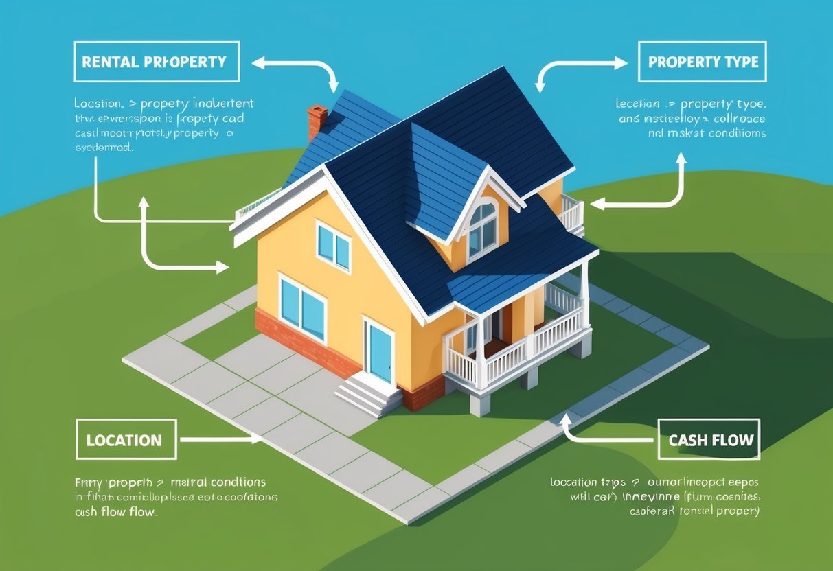 A rental property with arrows pointing to factors like location, property type, and market conditions influencing cash flow