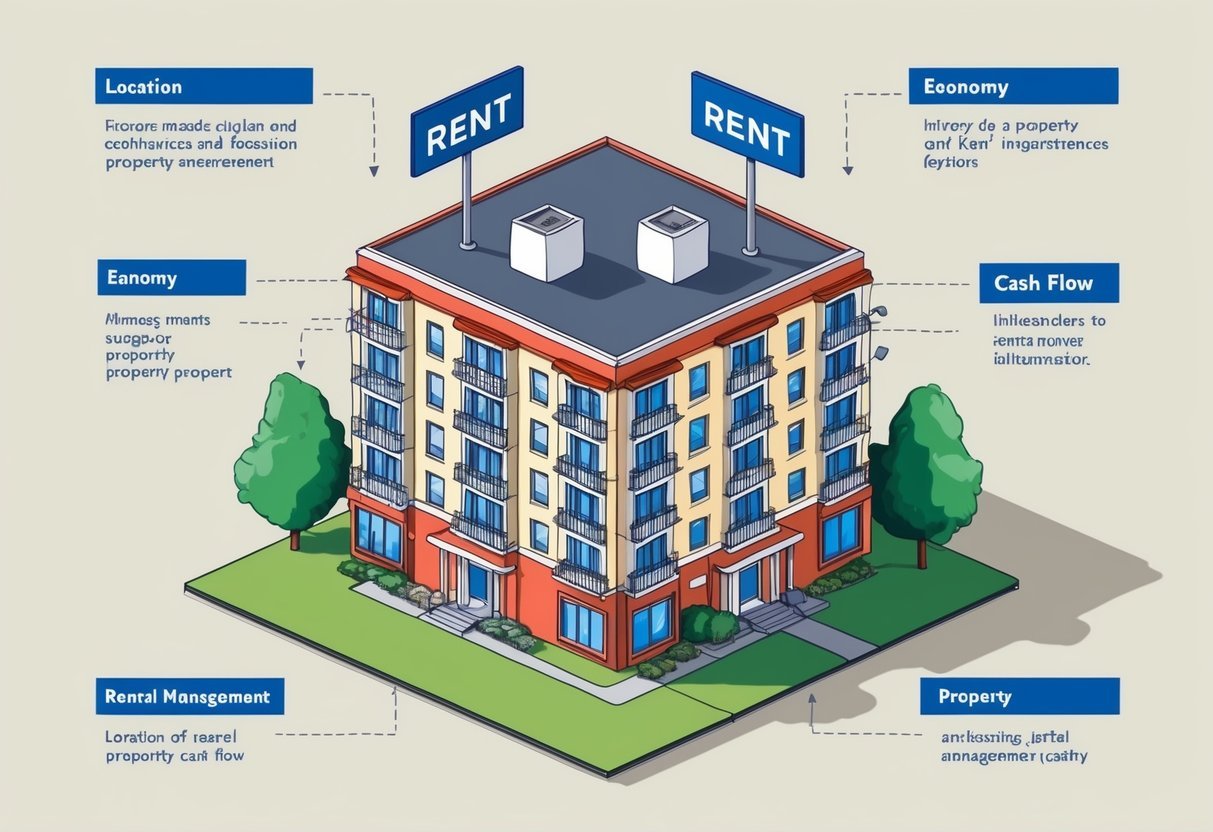 An apartment building with "For Rent" signs, surrounded by factors like location, economy, and property management influencing rental cash flow