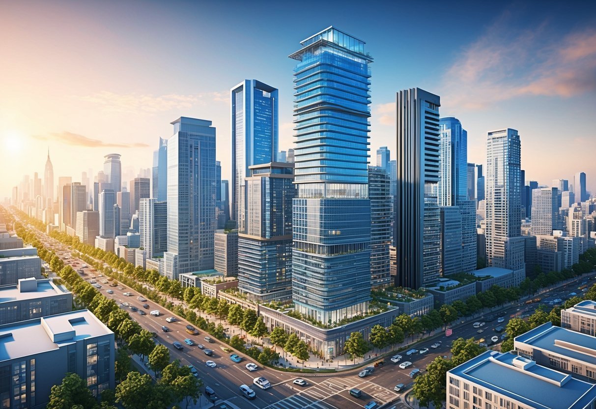 Cityscape with tall modern buildings, roads, and cars under a blue sky