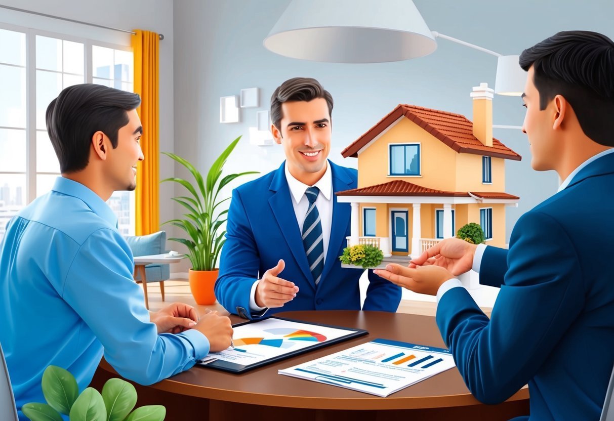 Real estate agent presenting a model house to potential buyers at a table