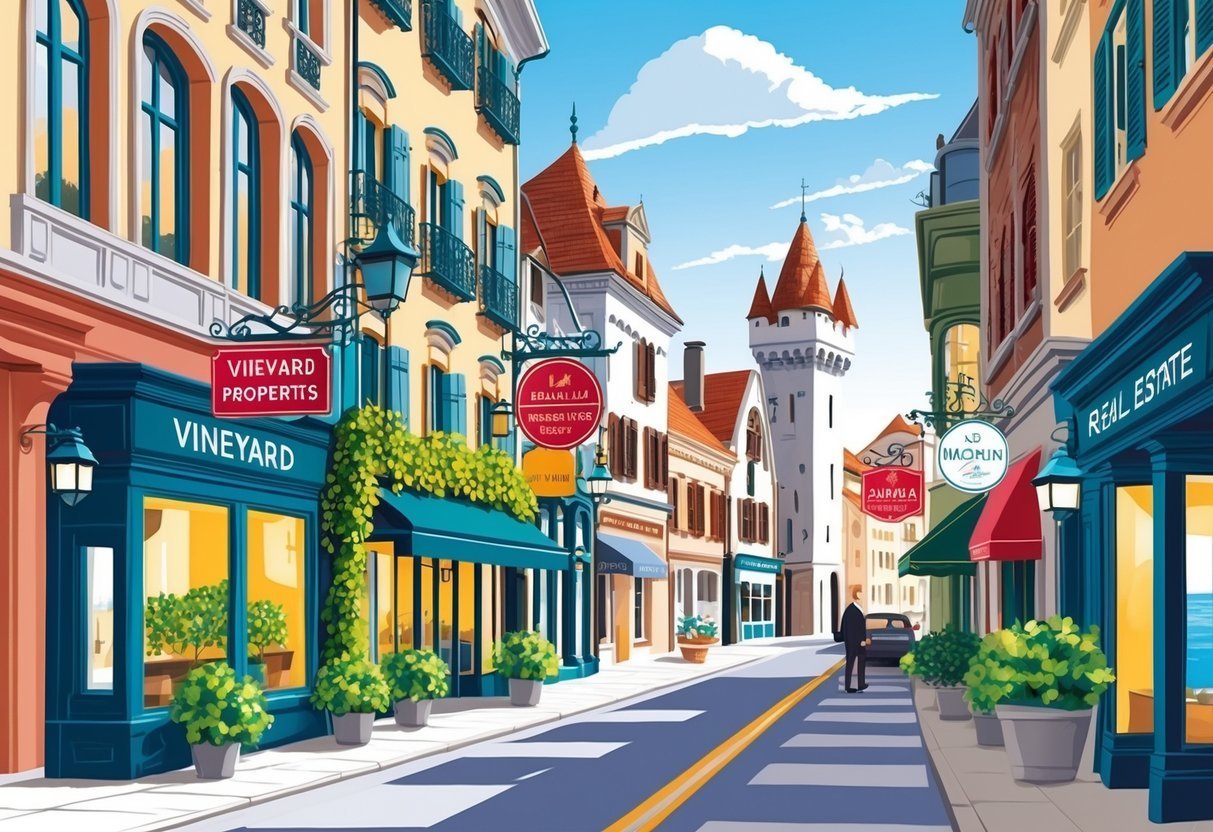 Cartoon illustration of a European street with shops and a person crossing