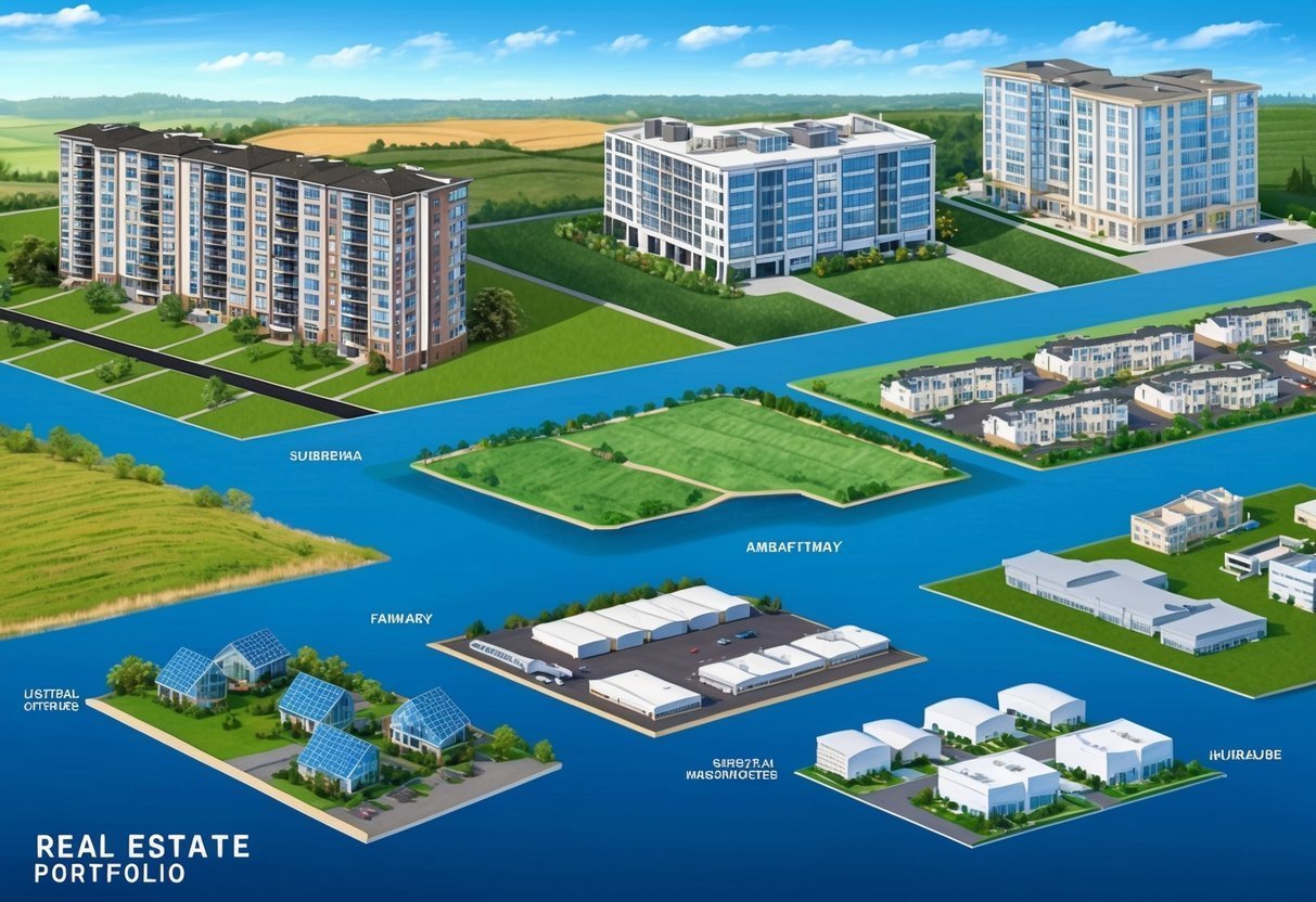 Real estate portfolio illustration showcasing various buildings and developments on islands