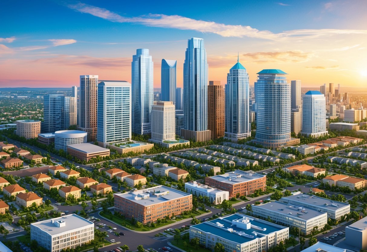 A bustling city skyline with various types of real estate properties, including high-rise buildings, suburban neighborhoods, and commercial spaces